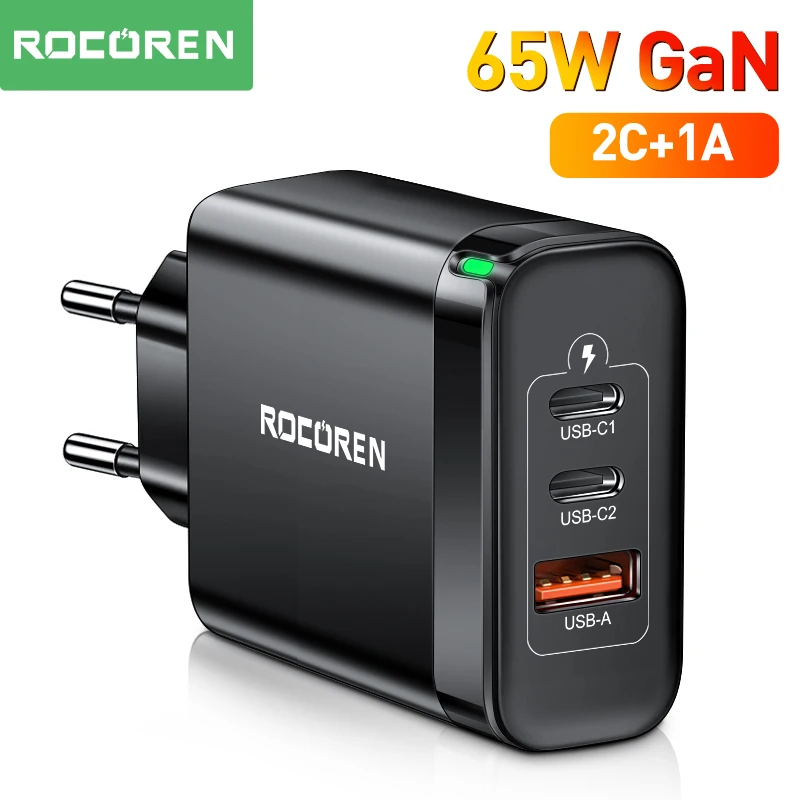 Rocoren GaN 65W USB Type C Charger Quick Charge QC 4.0 3.0 Type-C USBC PD Fast Charging For iPhone Samsung Xiaomi POCO MacBook