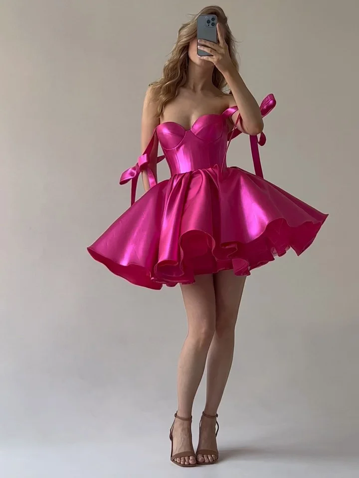 Thinyfull Rose Red A Line Mini Prom Party Dresses Sweetheart Sleeveless Lace Up Satin Gowns Graduation Cocktail Dress Customized