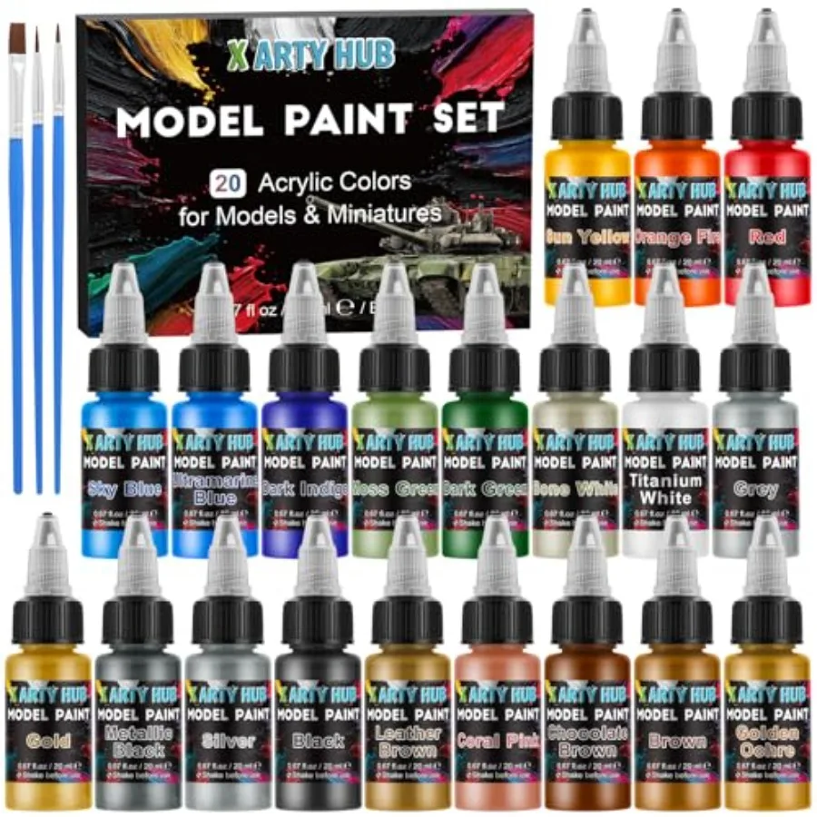

【Spot goods】Model Paint Set - 20 Colors with 3 Brushes Miniature Paints Base/Skin Tones/Shadows/Metallics for Airbrushing and H