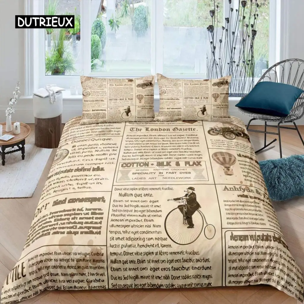 

Old Newspaper Duvet Cover Set Kid Hot Air Balloon Comforter Cover Retro Truck Bedding Set Microfiber Bicycle Vintage Quilt Cover