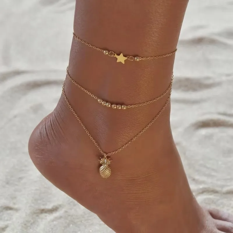 Popular Girl Anklet 2025 Fashion New Anklet Wild Personality Pineapple Star Simple Double Layer Anklet Women Wholesale Anklelets
