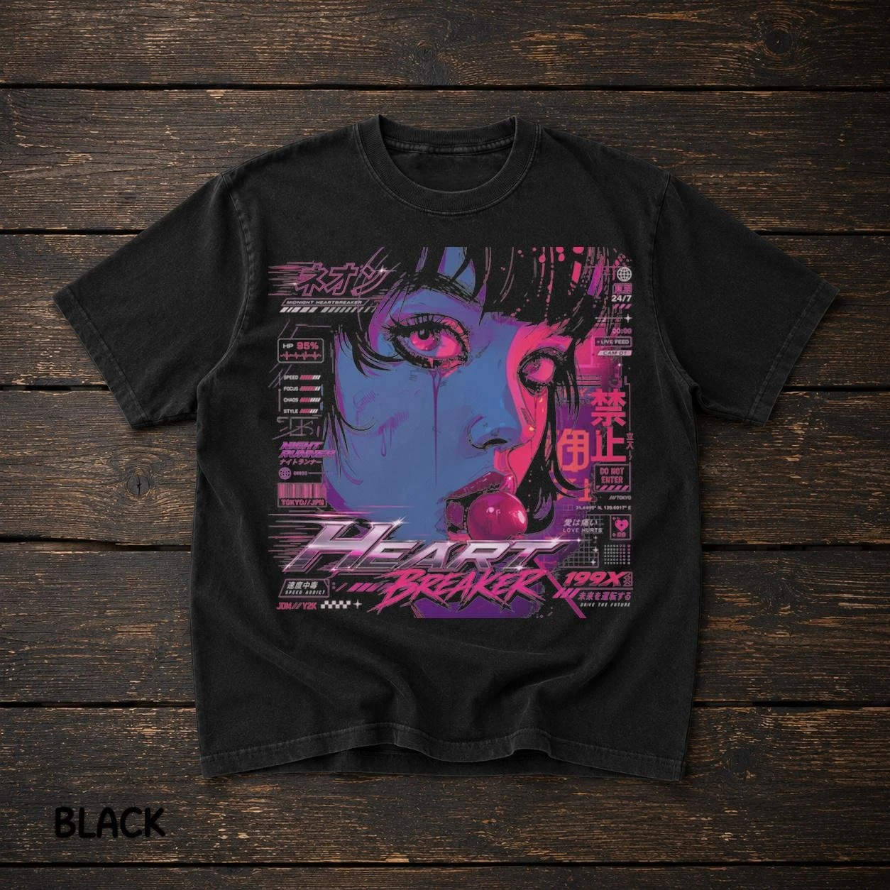 Cyberpunk Anime Girl Retro Y2K Heart Breaker Neon Pink Esthetic Manga Graphic Tee Cotton Mens Womens T-Shirt Summer Streetwear