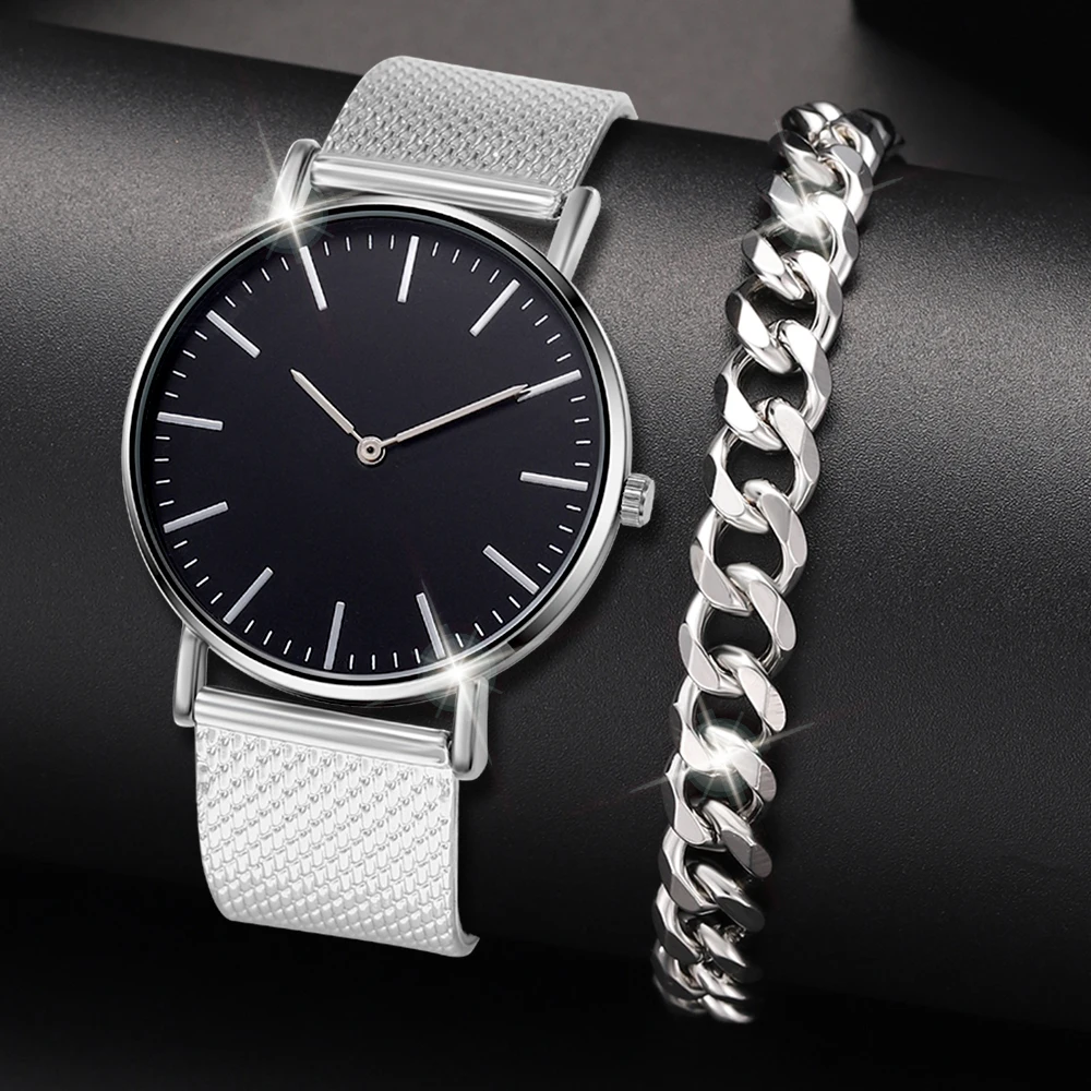 

2pcs Quartz Watch Set Women Fashion Silver Round 3 Eyes Alloy Strap Watch Gift Rhinestone Watch Women Jewelry Set