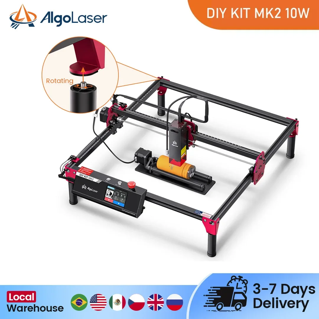 

AlgoLaser 10 Вт Высшая точность DIY лазерный гравировальный станок с поворотными роликовыми стойками для стекла, бутылки из нержавеющей стали, керамики
