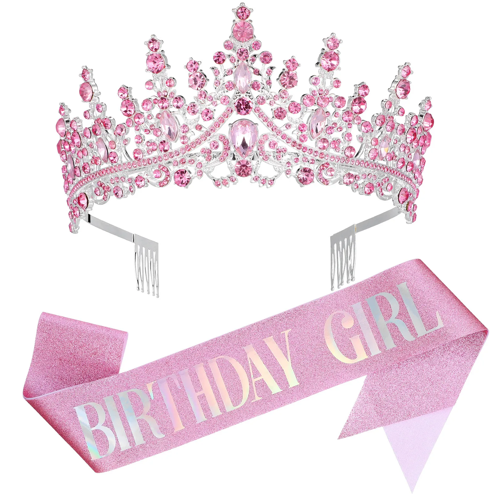 

1Set Birthday Crown Rhinestone Princess Tiara Sash Adjustable Comfortable Party Decoration Happy Birthday Accessories