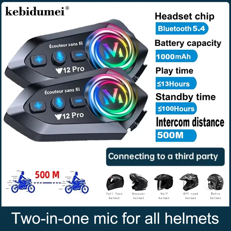 Y12 Pro Dual Mic Motorcycle Helmet Intercom Headset Wireless Hands-free Call Waterproof Music Player Speaker FM Radio Earphone