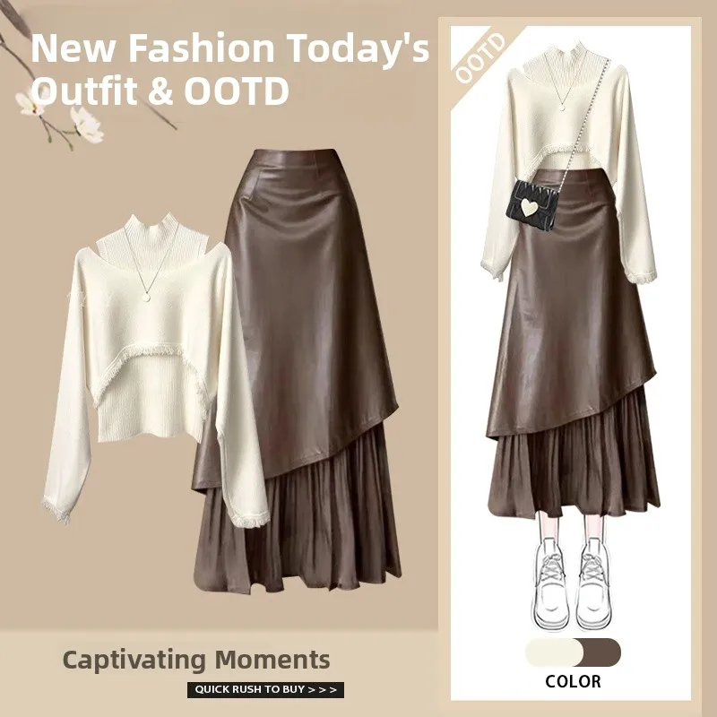 Automne Vintage Melne femmes Faion ensemble taille haute jupe gilet t-pièce costume décontracté Sle Long Sve haut tricoté