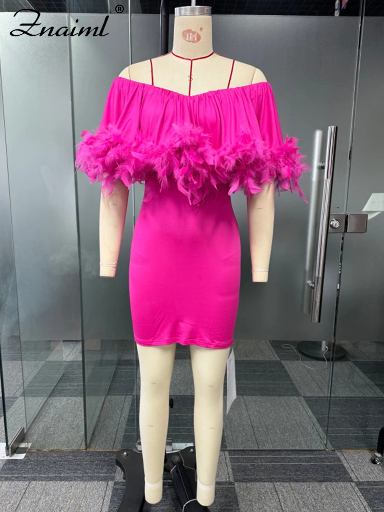Znaiml Women Sexy Off Shoulder Feather Pink Mini Bodycon Dress Elegant Birthday Evening Night Club Party Prom Female Vestidos — zdjęcie 5