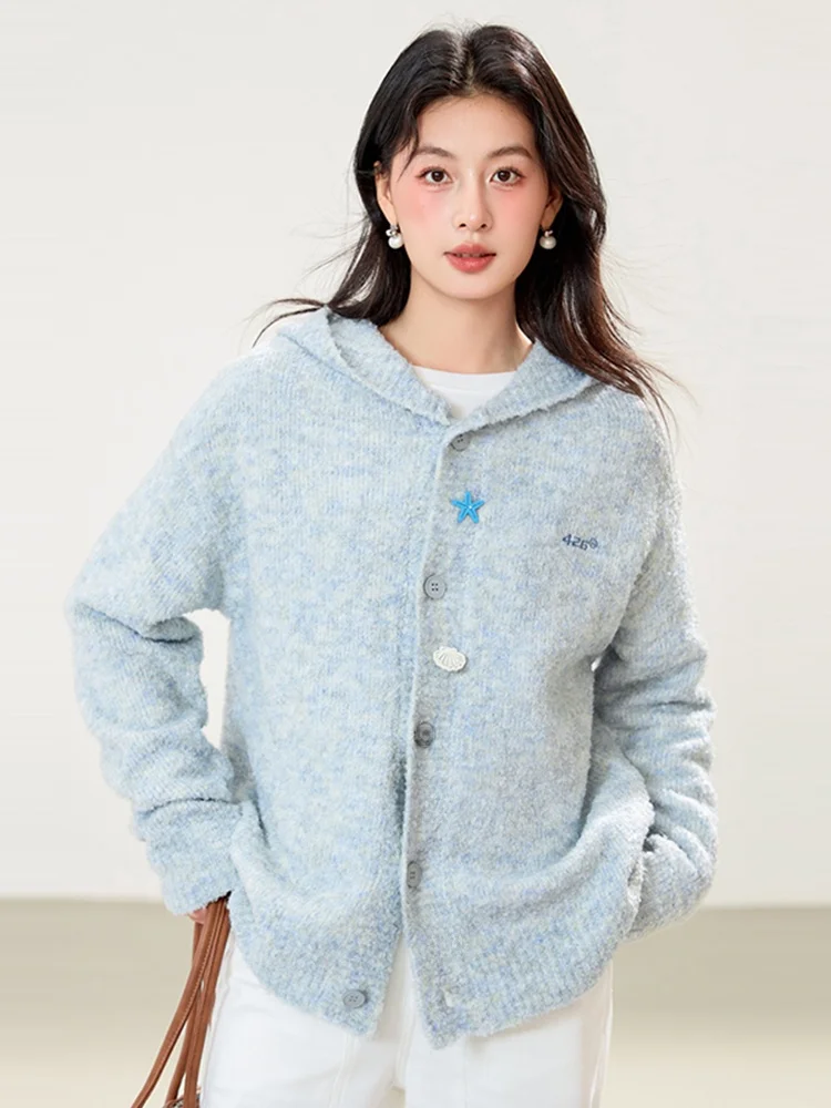 

Chic Knitted Hooded Open Cardigan Women's Spring 2026 Autumn Winter Faionable Sweater Casual Loose Fit Long Sve Top