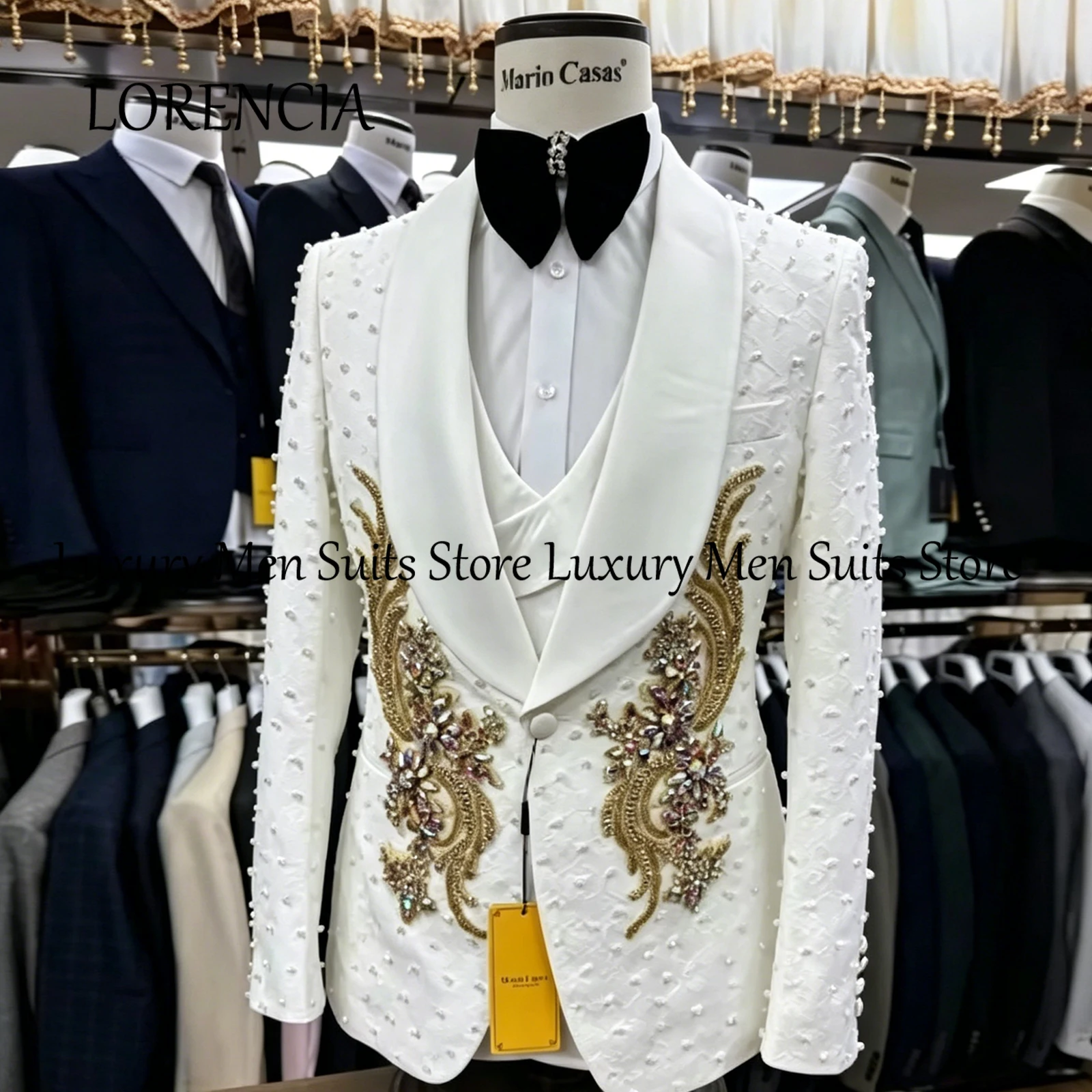 Terno Masculino de Luxo com Pérolas e Strass, Conjunto de 3 Peças, Slim Fit, para Casamento, Feito Sob Medida, Terno Completo