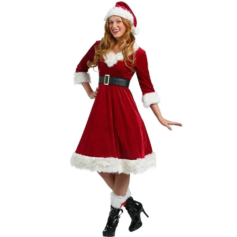 

Deluxe Women Red Velvet Xmas Dress Women Christmas Claus Suit Christmas Cosplay Santa Claus Costume