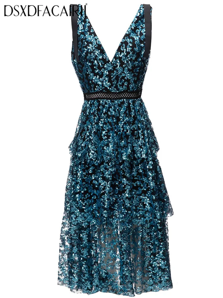 

DSXDFACAIRIJ Women's V-neck Sleeveless Sequins Embroidery Mesh Dress Ruffles Elegant Party Summer Fashion Female