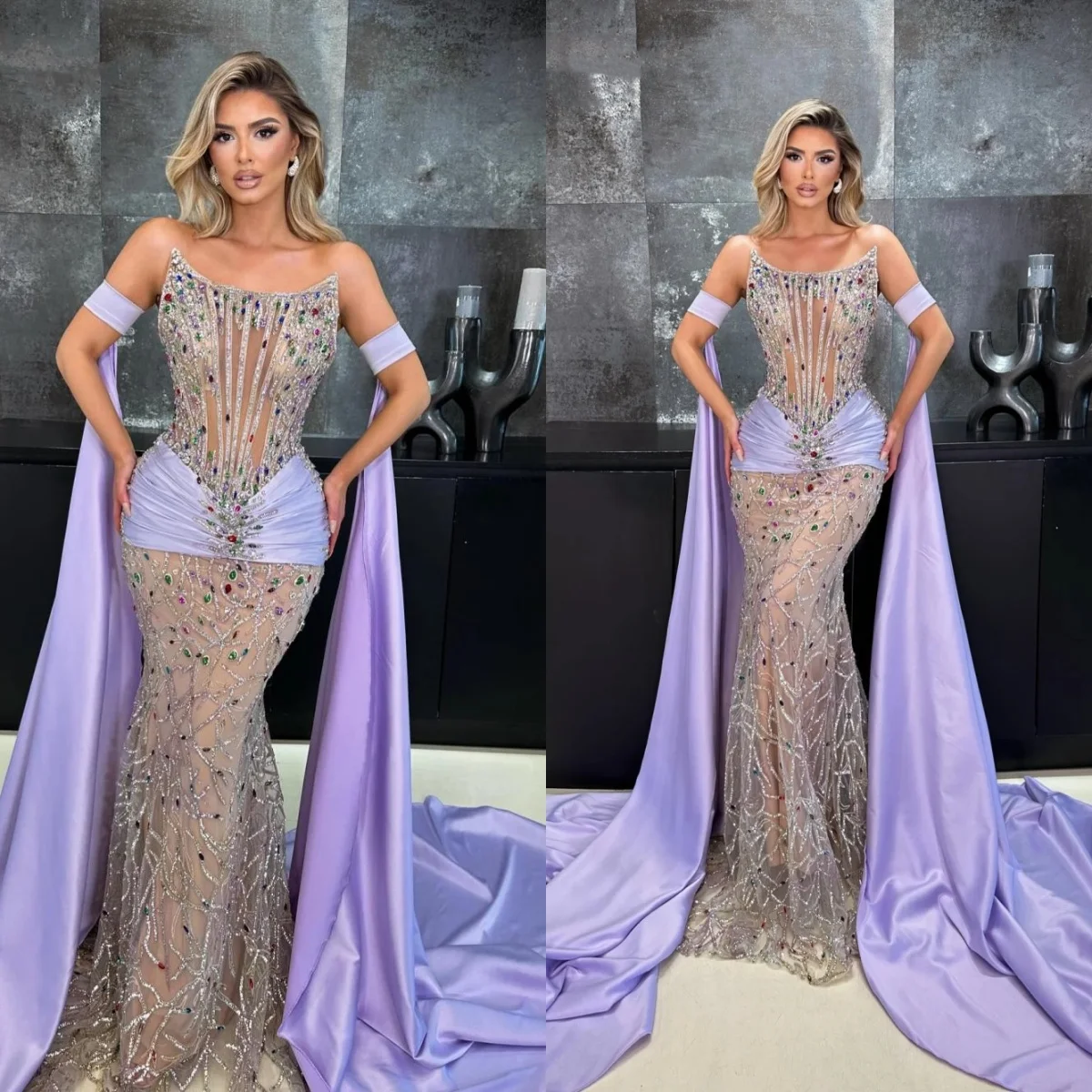 

Exquisite Crystal Mermaid Evening Dress Strapless Sequined Sleeveless Prom Gowns Illusion Floor Length Party Dresses Customized