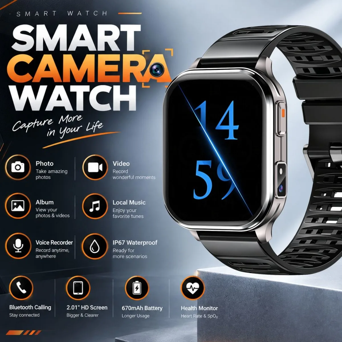 HD Camera Smart Watch Bluetooth Call 256MB Large Memory 30W Camera with Fill Light Video Recording IP67 Waterproof Smartwatch