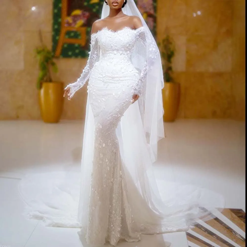 فستان زفاف حورية البحر من الدانتيل مخصص بأكمام طويلة قبالة الكتف فستان زفاف مزين بالزهور ذيل شابيل رداء de mariage #3
