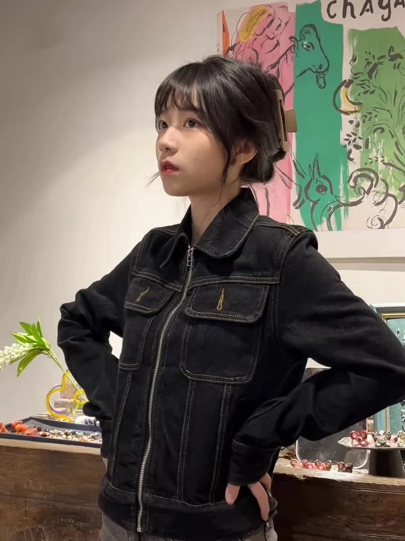 레트로 칼라 지퍼 데님 재킷 슬림 피트 짧은 카디건 여성 패션 가을 다목적 셔츠 슬리브 스타일 얇은 겉옷