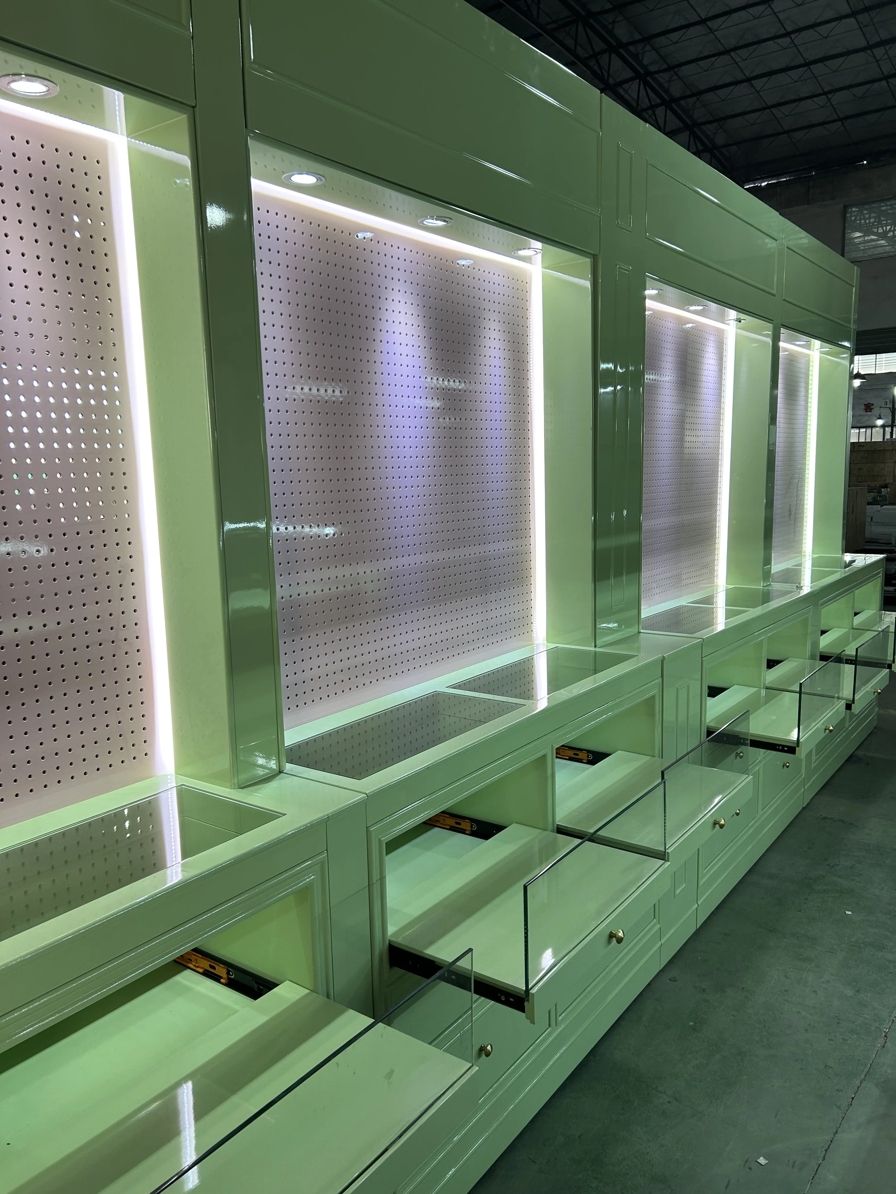 Custom Shop Design Wooden Wall Glass Display Cabinet Jewelry Case Gold Silver With LED Lighting Jewellery Showcases Display