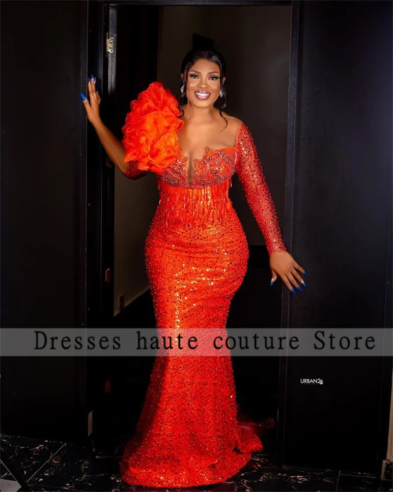 Aso Sbi Hot Orange African Lace Beaded Mermaid Evening Dresses Ruffles Long Sleeves Crystals Luxury Formal Party Dresses 2024