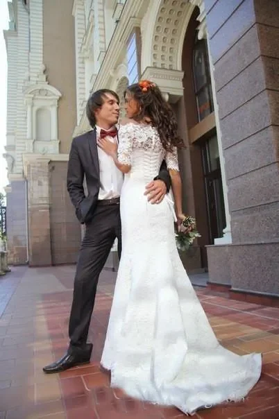 Cheap Mermaid Wedding Dresses Bateau Neck Half Sleeves Sweep Train Bridal Gowns Custom Plus Size Wedding Dresss