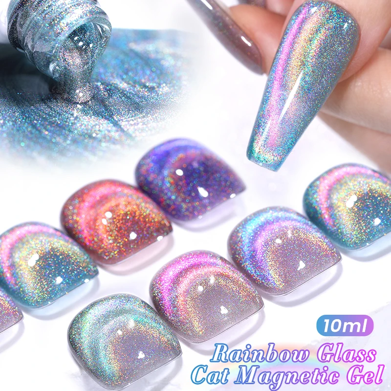 BORN PRETTY 10ml Rainbow Pink Glass Cat Magnetic Gel Polish Set Double Light Sparkle Glitter Gel Nail Varnis with Magnetic Stick