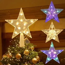 Christmas Glowing Tree Topper Five-pointed Star Transparent LED Shining Lamp Xmas Colorful TopStar Ornaments Navidad Decorations