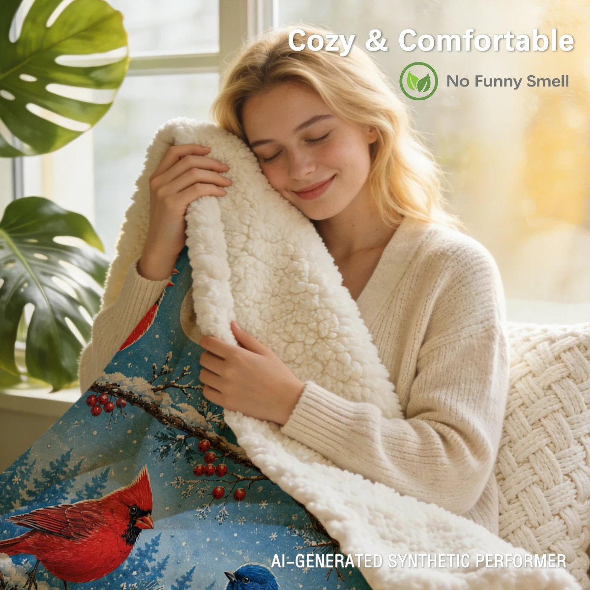 Bird Sherpa Throw Blanket Warm Winter Cardinal Chickadee Snowy Forest Cabin Snowflake Sofa Bedroom Decor Bird Lover Holiday Gift
