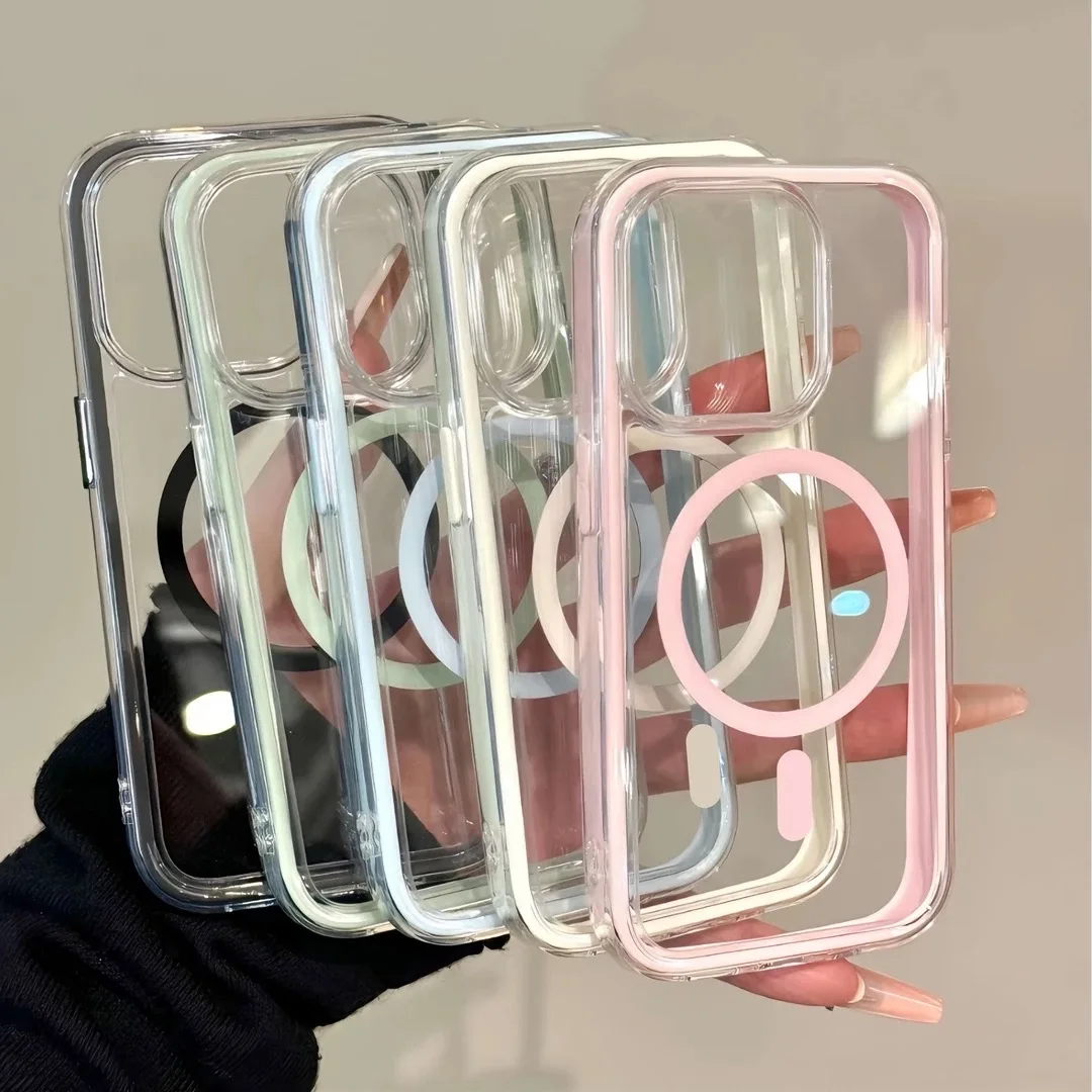 

Transparent Soft Color Bumper phone case for iPhone 16 15 14 Plus 13 12 11 Pro Max Magsafe Wireless Charge Magnetic Clear Cover
