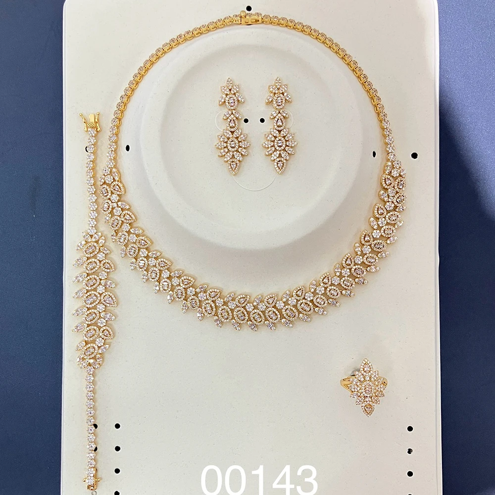 00143 Sparkling Full Paved CZ Diamond Jewelry 4 Pieces Set Silver Plated Leaf Floral Necklace Drop Earring Ring Bangle For Eveni