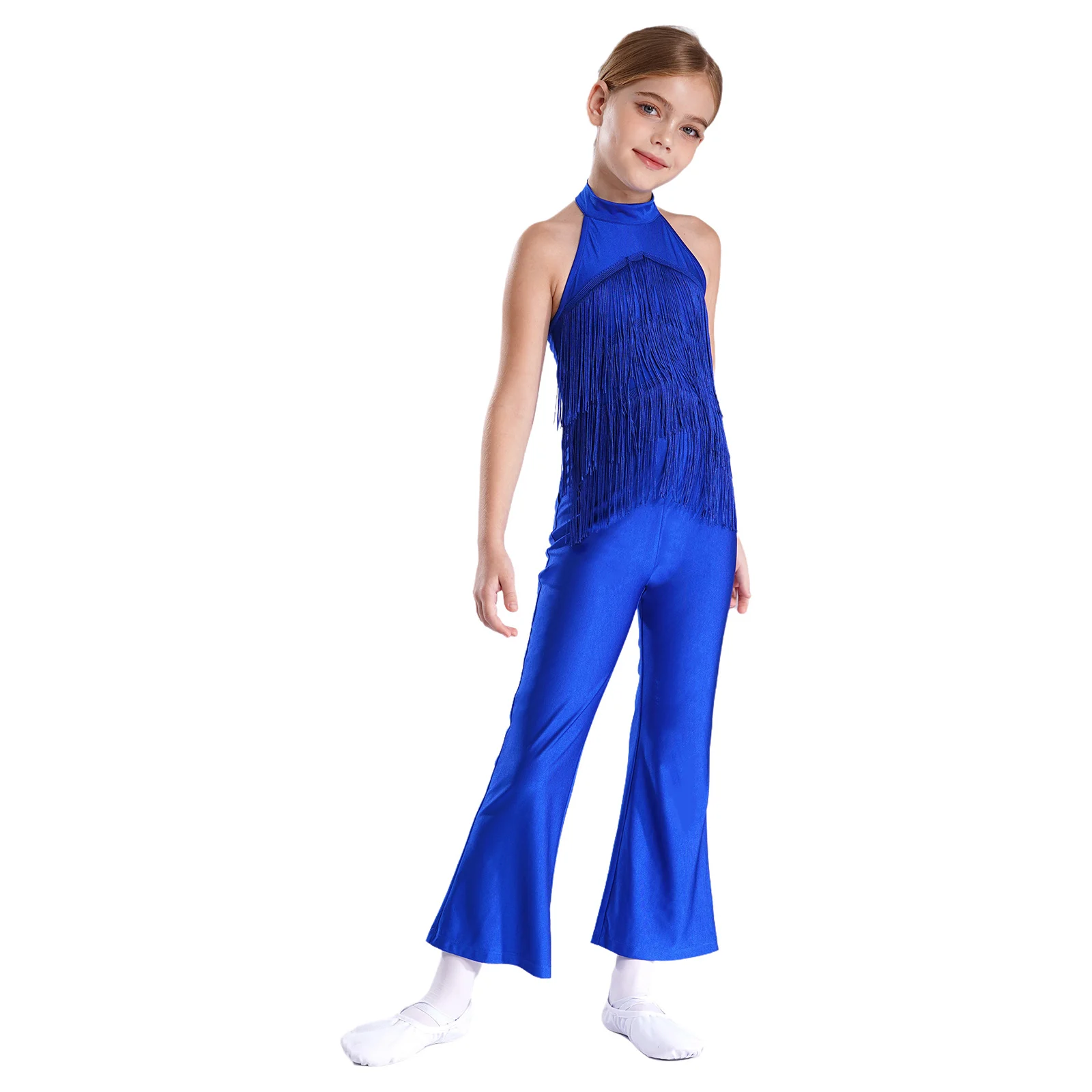ละติน Cha-Cha Tango Dance Halter Jumpsuit STAGE Performance แขนกุด Backless พู่ Bell-Bottom Fringed Bodysuit