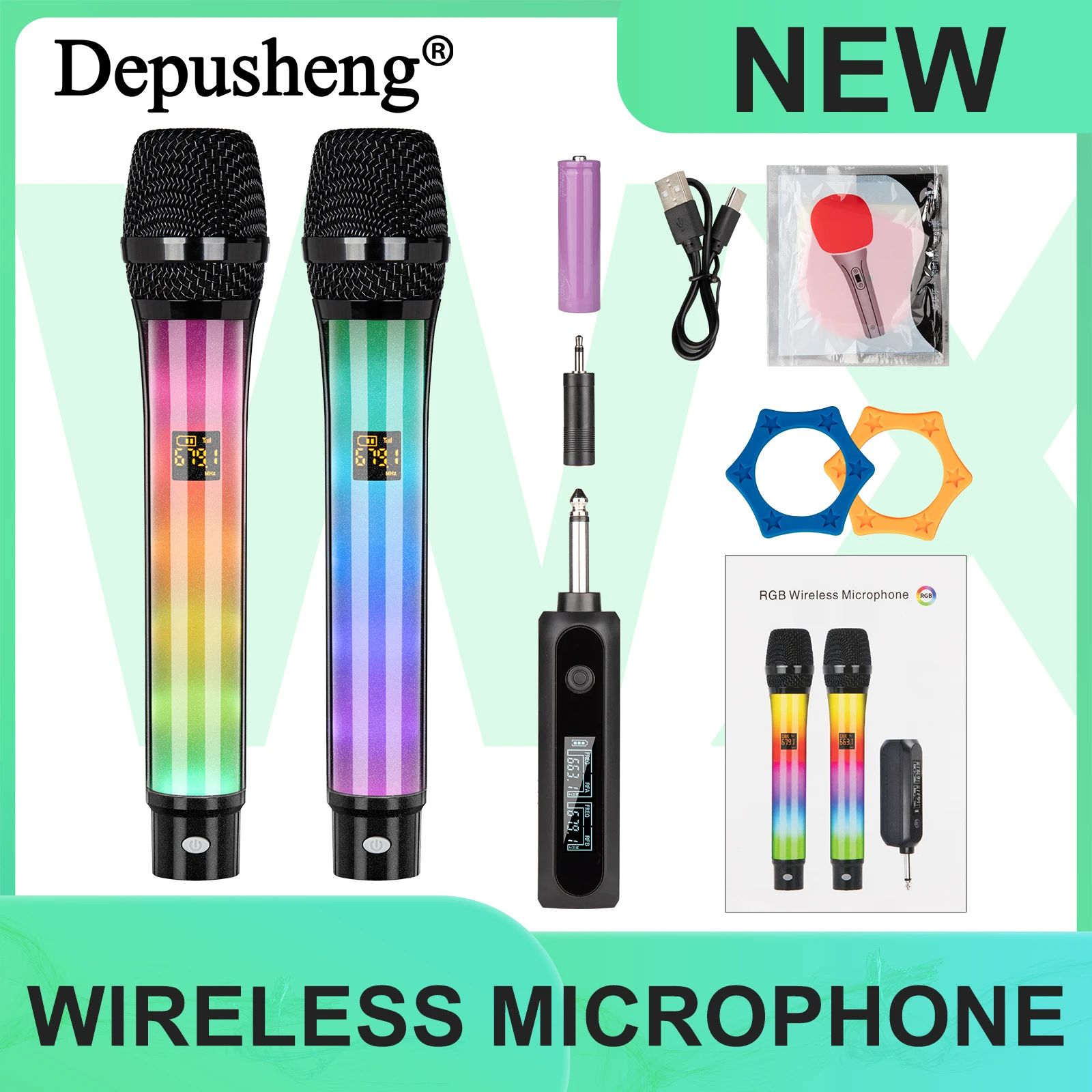 

WX2 RGB Karaoke Microphone, Depusheng Multicolor RGB Lightweight Handheld Microphone Wireless Microphone Noise Elimination XLR f