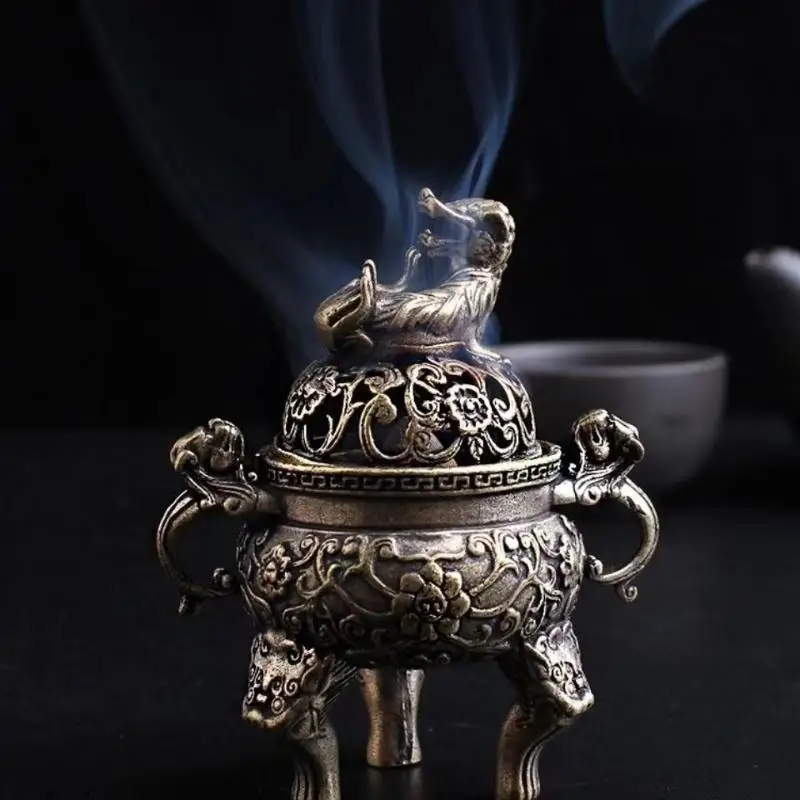 Brass Kirin Figurine Feng Shui Incense Burner Ornament for Wealth in Pure Copper