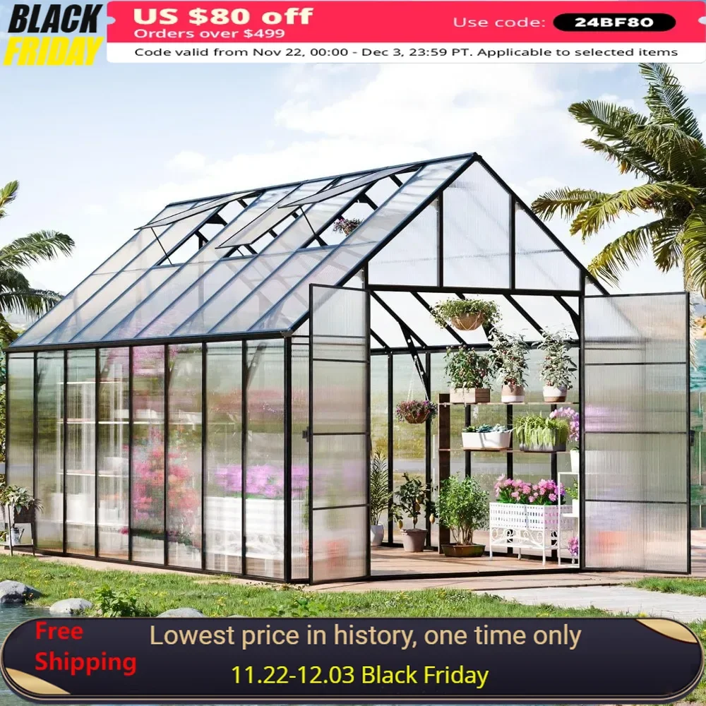 10x16 FT Greenhouse with 3 Vents Window, Swing Door & T Connector, Upgraded Walk-in Aluminum Polycarbonate Greenhouse