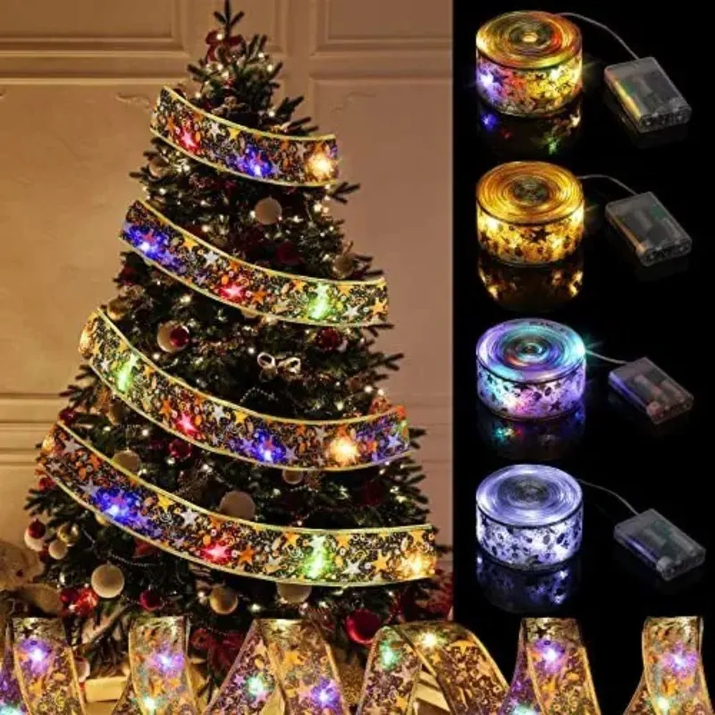 Christmas Tree Ribbon LED Lights String Christmas Decoration Christmas Tree Decoration Hanging Gift Stamping Double Ribbon