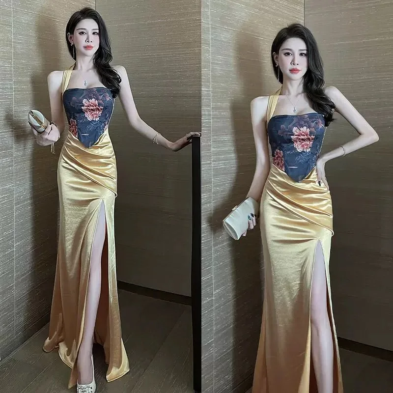 

B-32 sexy hanging strapless dress for women's spring new item, covering the belly, high-end long dress, evening dress