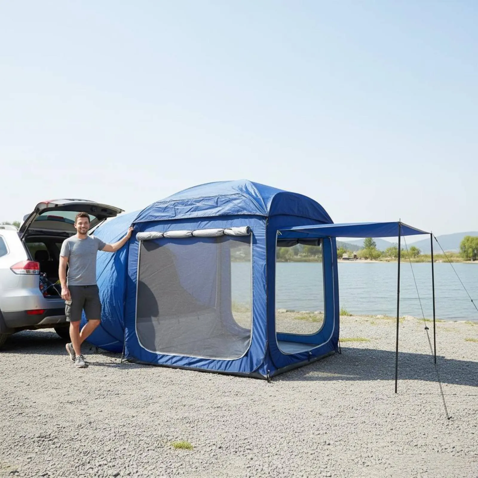 Car Rear Extension Tent Automatic Setup SUV Tailgate Tent Vehicle Attached Awning Waterproof Mesh Openings for Tailgating