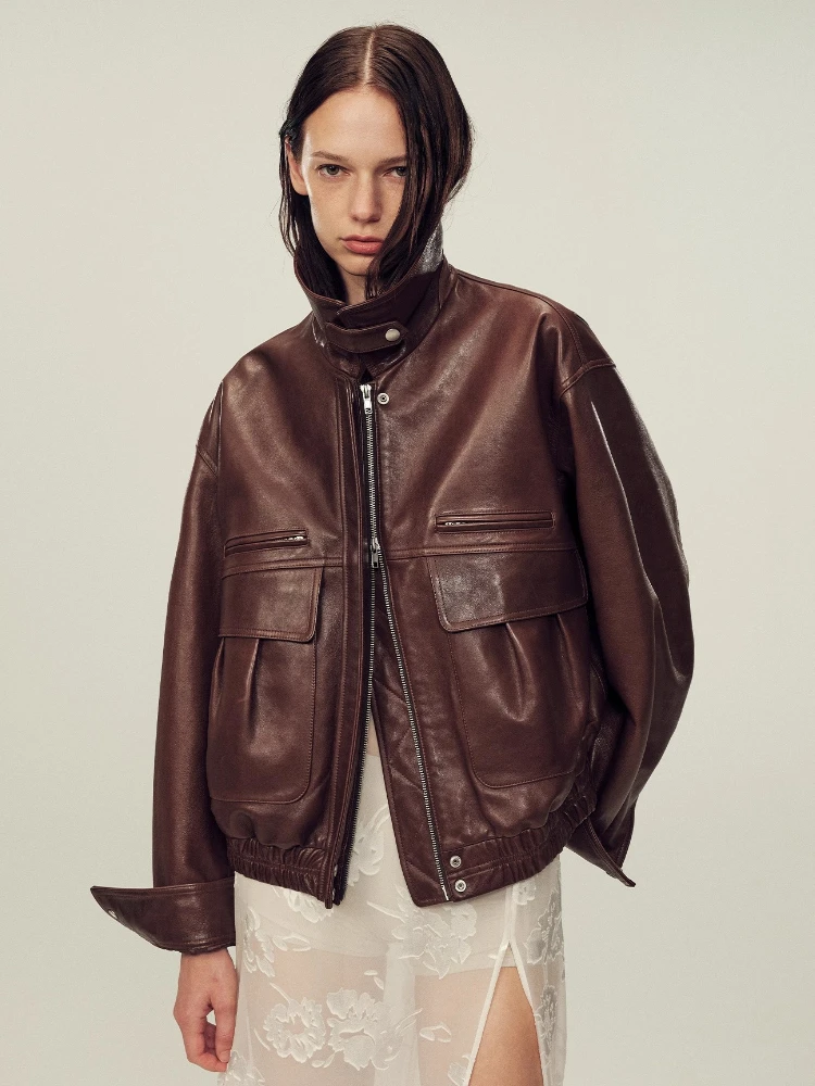 

Vintage Short Genuine Leather Jackets for Women Spring Autumn High-end Simple Classic Loose Soft Oil Wax Real Sheepskin Coat