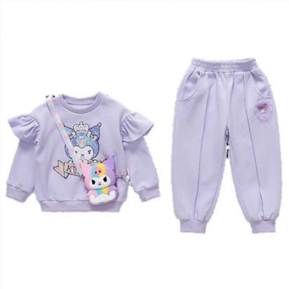 Anime Sanrioed Kuromi Melody Children\'s Sports Suit Girl Kawaii Kpop Sweatshirt Tops Pants 2Pcs Suit Pullover Casual Y2K Clothes