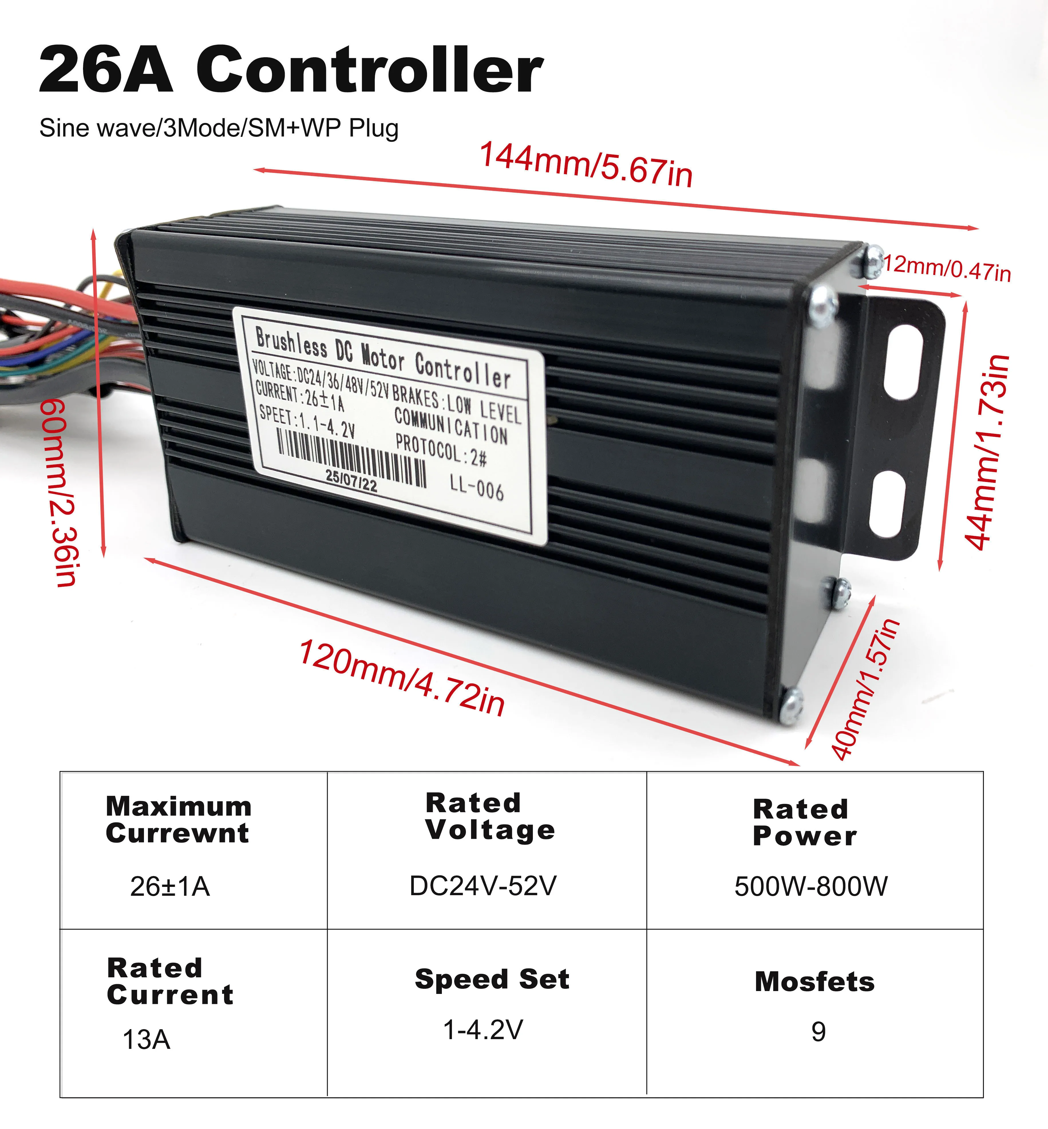 Electric Bicycle 26A Motor Waterproof Brushless Sine Wave Controller 24V-52V 350W/800W Learning Line Electric Bicycle Controller