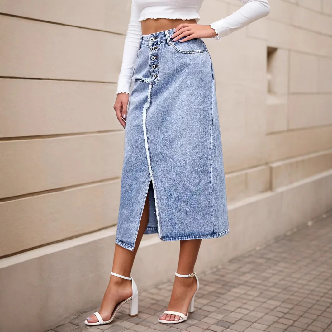 Women Denim Skirt Irregular Frayed Stretch Vintage Distressed Washed Pockets Buttons 2025 Female Streetwear Split Long Skirts