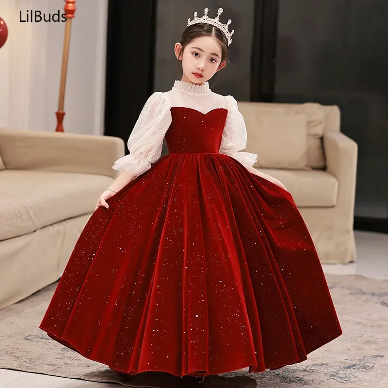 2024 Children's Flower Girl's Wedding Birthday Princess Elegant Dress Costume Kids Red Piano Performance Party Autumn Clothes