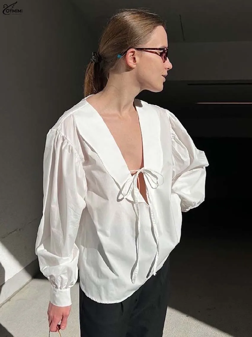Oymimi Elegant White V-Neck Womens Blouses Fashion Lace-Up Long Sleeve Button Blouses Autumn New Loose Solid Blouse Streetwear