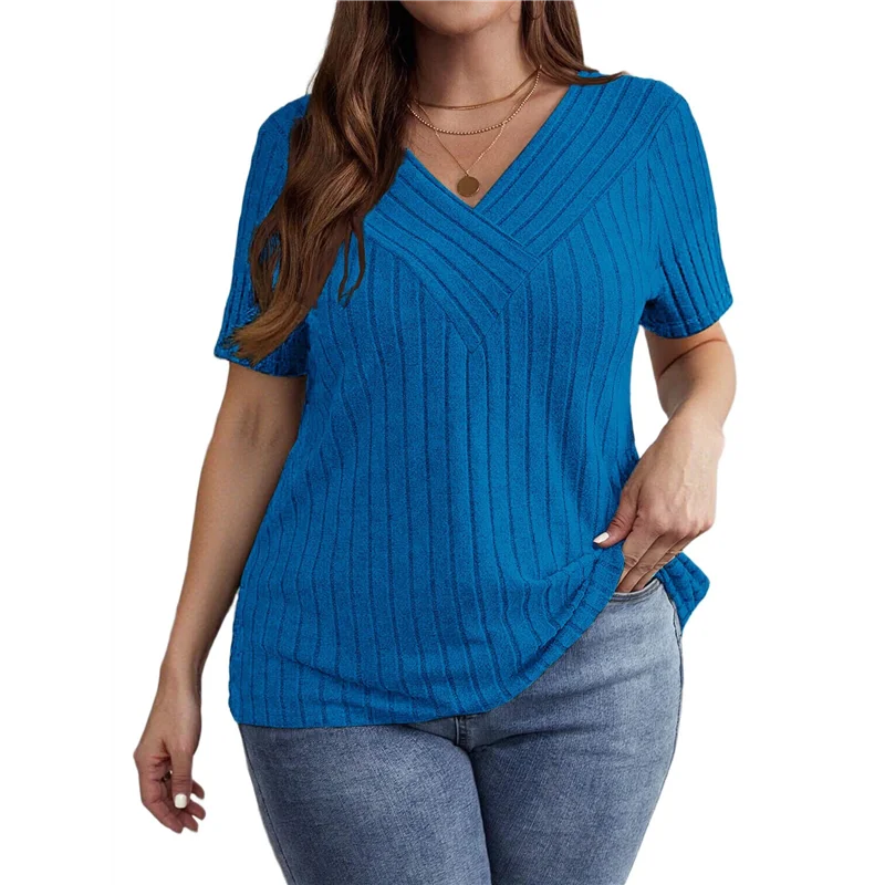 

CGS-женские повседневные топы большого размера, однотонная рубашка с v-образным вырезом и пирсингом, пуловер с короткими рукавами