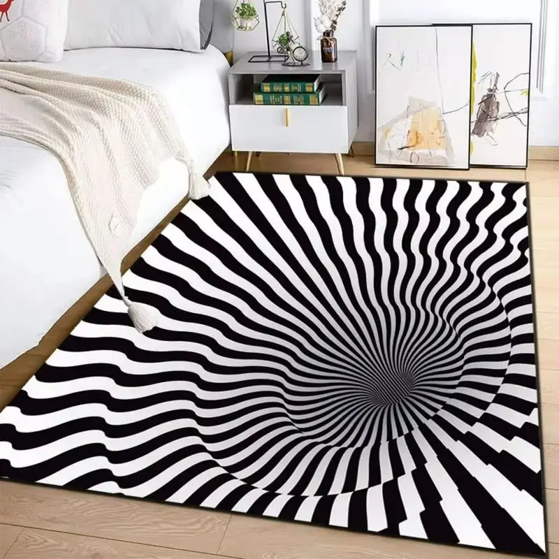 3D Optical Illusion Swirl Area Rug Checkered Pattern Anti Slip Carpet Living Room Bedroom Home Decor Modern Visual Effect Mat
