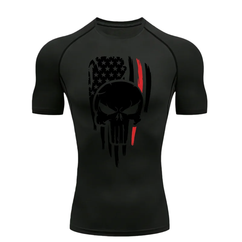 National Flag and Skull Print 2026 Men's Sports T-shirt Training Fitness Compression Powerlifting T-shirt Gym T-shirts Pilates