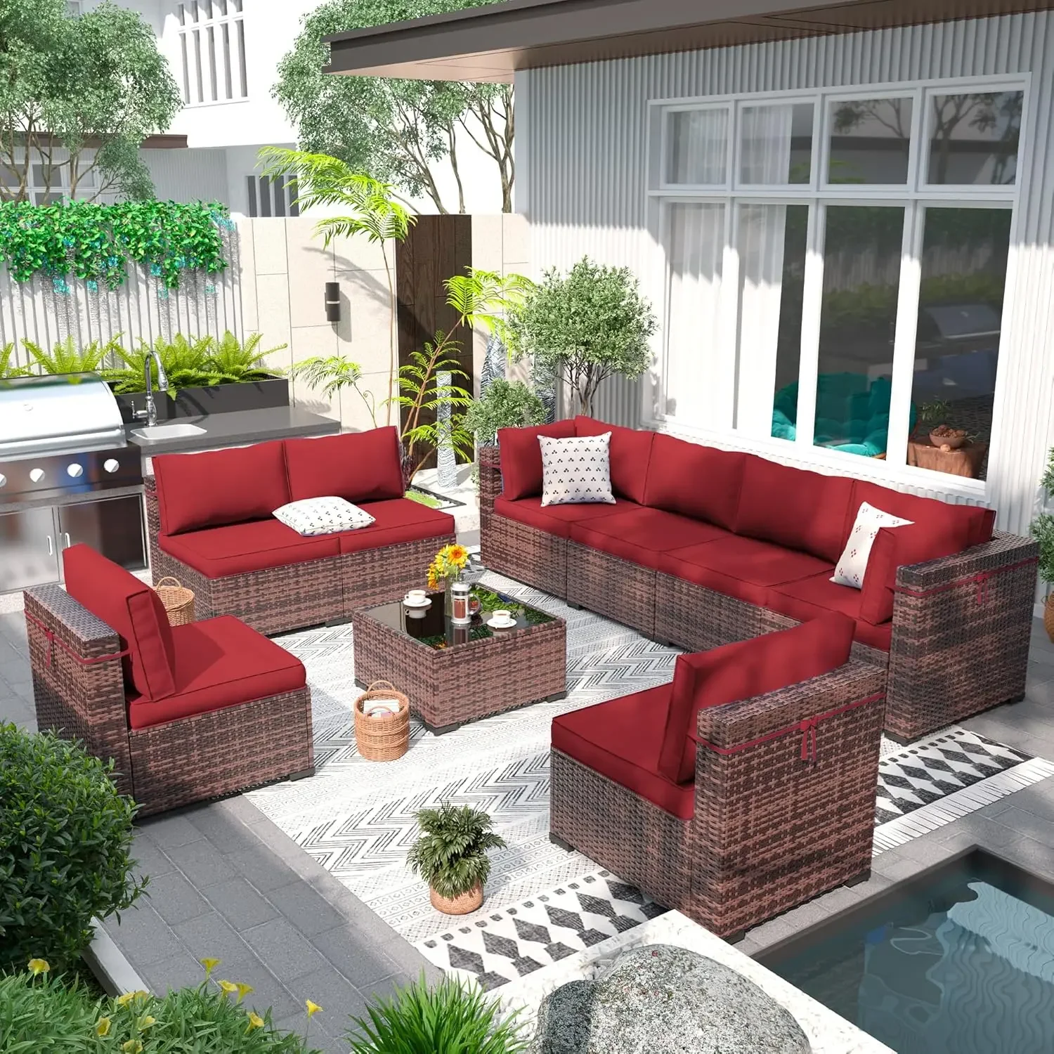 Patio Furniture Set Outdoor Modern Sectional  Wicker Couch with Glass Coffee Table, Thicken Cushions, Waterproof Cover