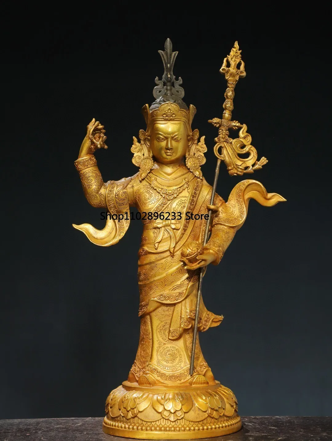 Tibetan brass gilt lotus peanut master large size station like home Buddhist hall ornament 45cm supplies