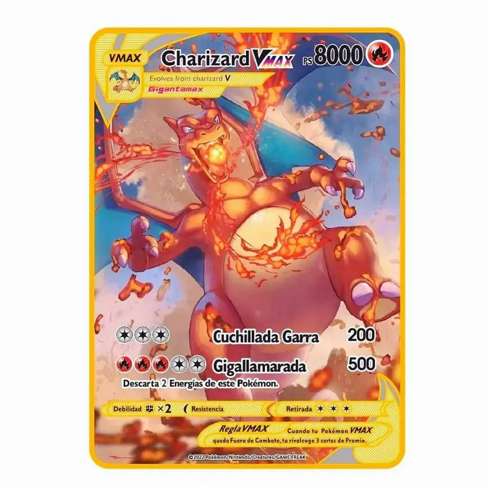 Tarjeta de Pokémon de Metal con letras de Pokémon, Charizard Vmax Mewtwo Pikachu Vstar Mew, naipes dorados de hierro, juegos de Anime, regalos, juguetes para niños