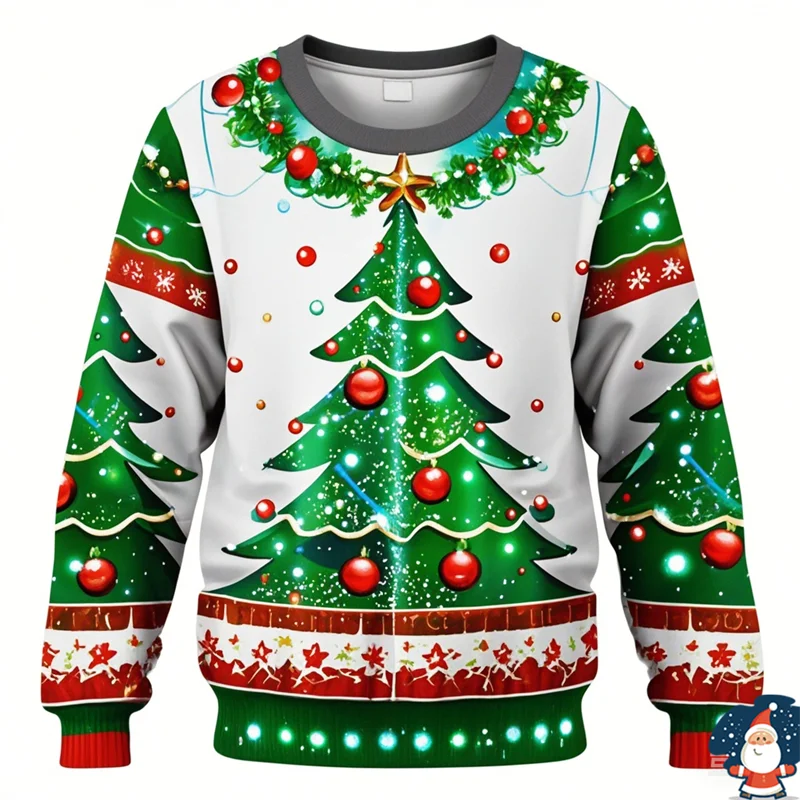 Fashion 2024 Ugly Christmas Sweater Funny Xmas Graphic Sweatshirt Christmas Tree Pullovers Boy Crewneck Polyester Tracksuit Tops