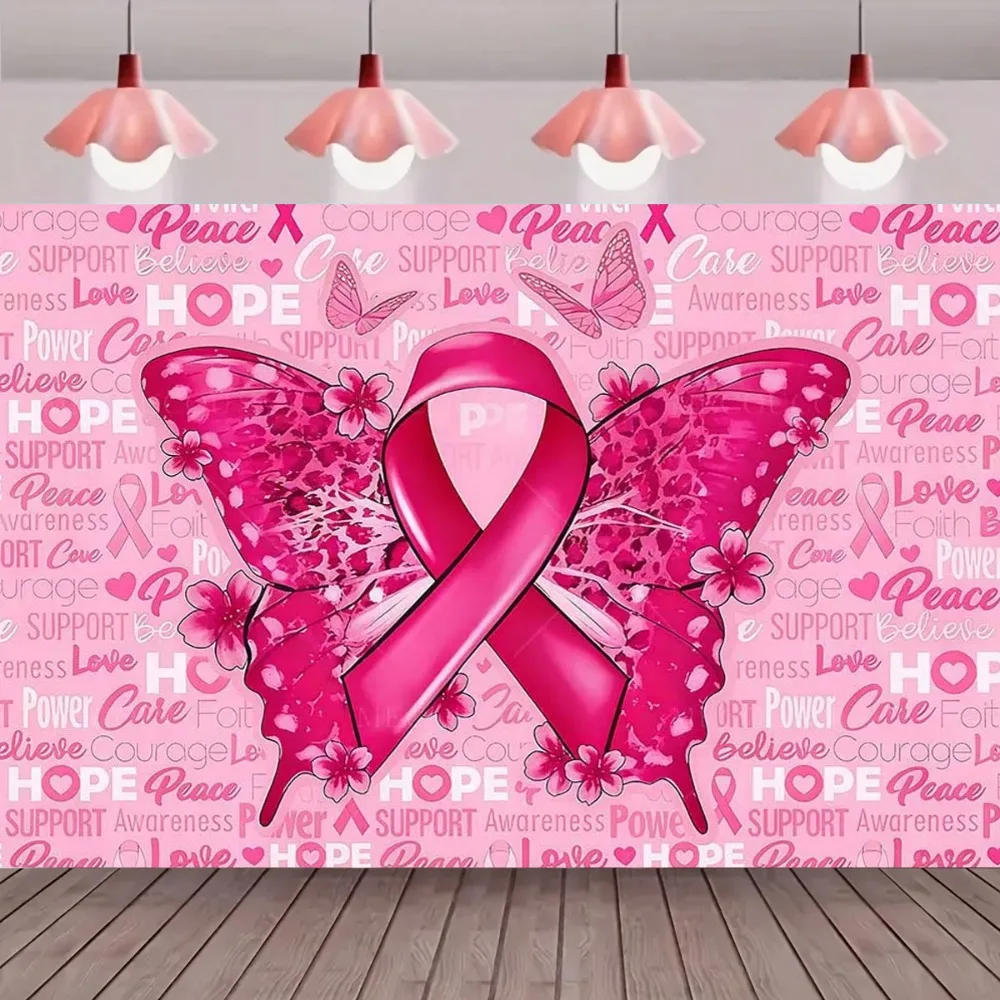 

Pink Ribbon Butterfly Caring for Women's Health Promotion Backdrop, Cancer Charity Party Decoration Banner Photography Backdrop