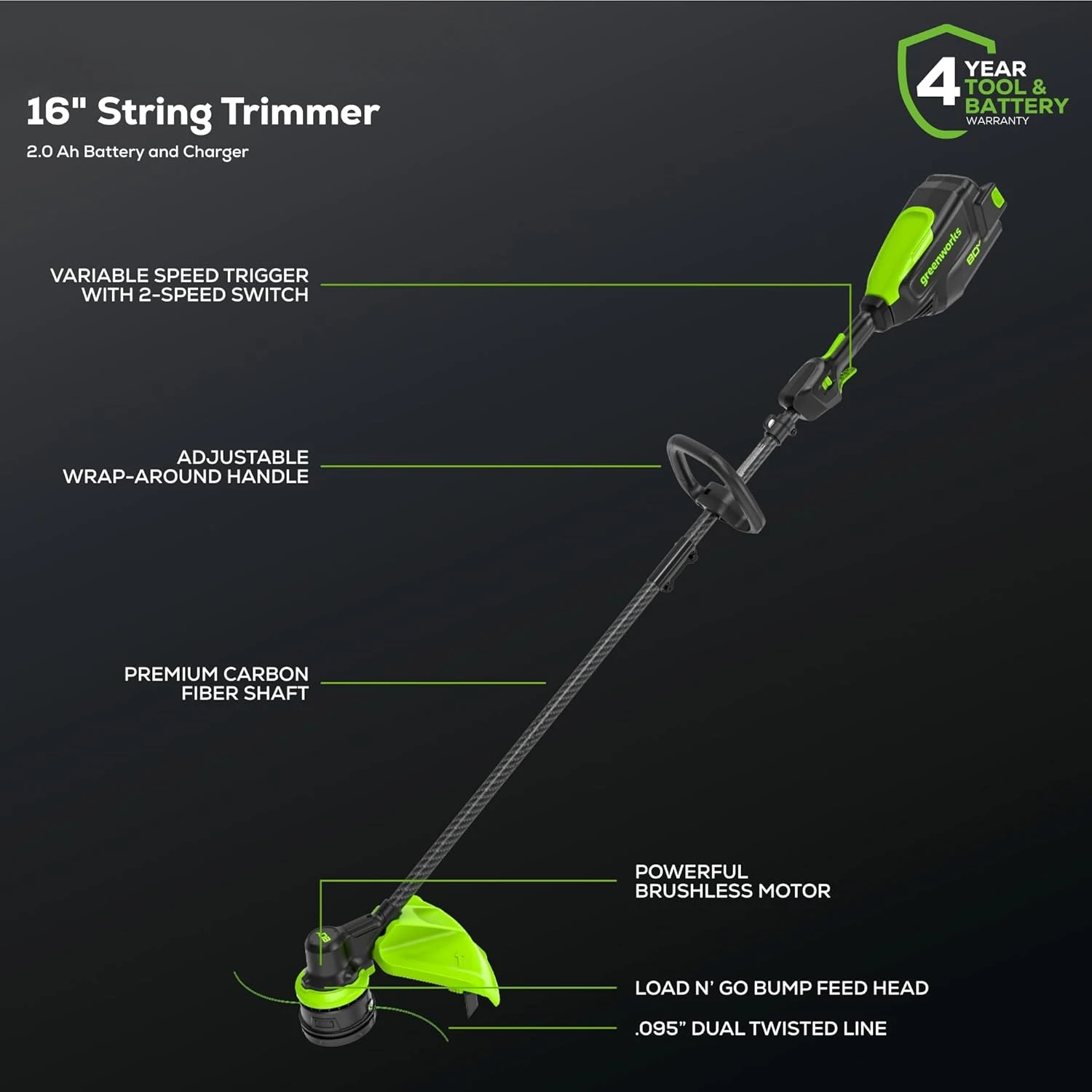 

80V 16" Brushless Cordless String Trimmer (Carbon Fiber), 2.0Ah Battery and Charger Included